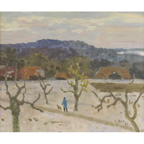 Leo Deck — Winterlandschaft mit Spaziergänger und Hund.
