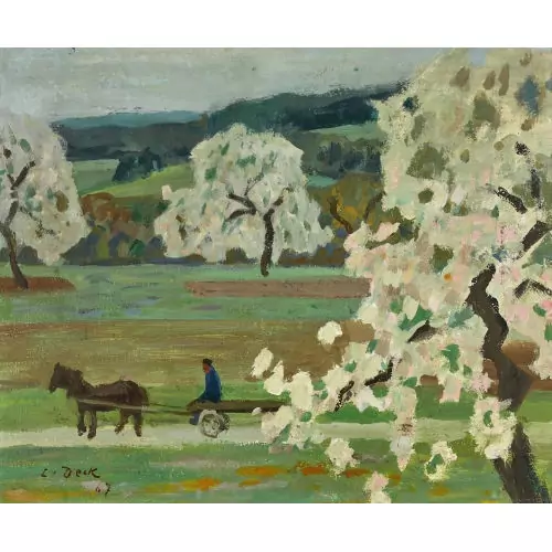 Frühlingslandschaft mit Pferdekarren und Bauer