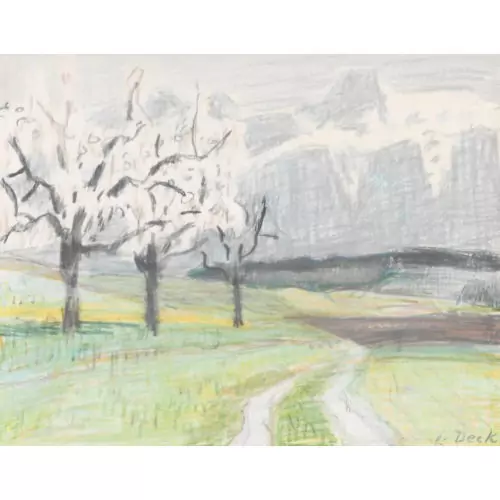 Landschaft mit blühenden Bäumen und Bergpanorama