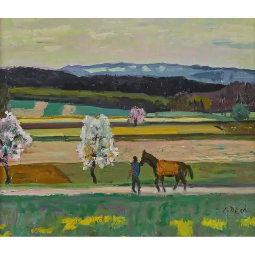 Frühlingshafte Feldlandschaft mit Pferd und Reiterin