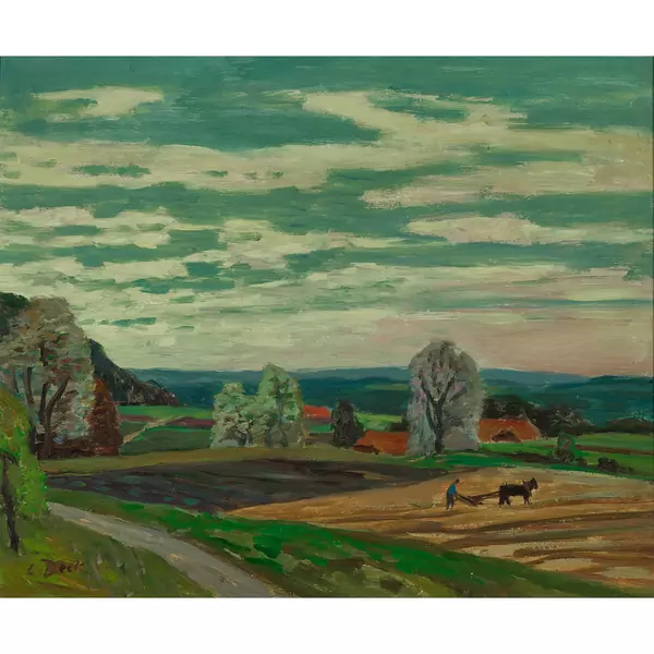 Feldlandschaft mit pflügendem Bauern