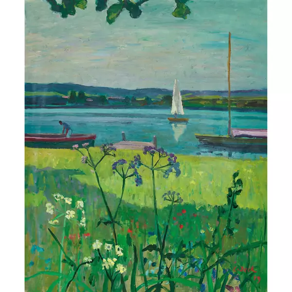 Sommerliches Seeufer mit Wiesenblumen