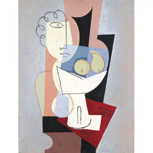 Leo Leuppi — Abstraktes Stillleben mit Figur und Früchteschale.