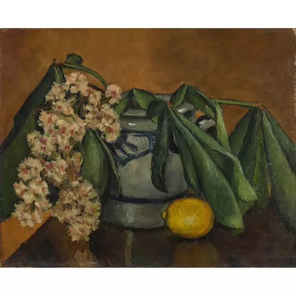 Stillleben mit Rosskastanienblüte und Zitrone