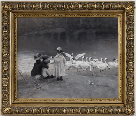 Enfants nourrissant les oies