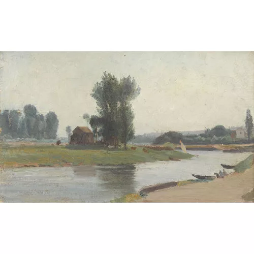Léon Berthoud — Sommerliche Flussuferpartie mit Häuschen.