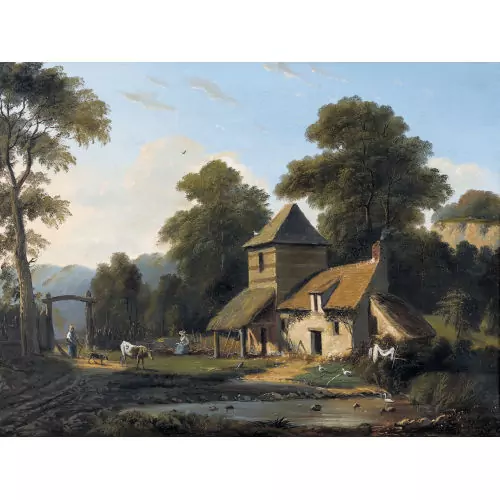 Idyllische Bauernhofszene mit Bäuerinnen im Abendlicht