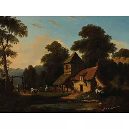 Idyllische Bauernhofszene mit Bäuerinnen im Abendlicht