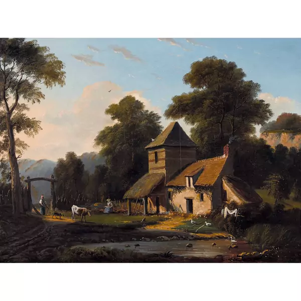 Idyllische Bauernhofszene mit Bäuerinnen im Abendlicht
