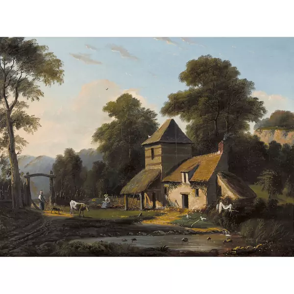 Bauernhofidylle mit Bäuerinnen im Abendlicht