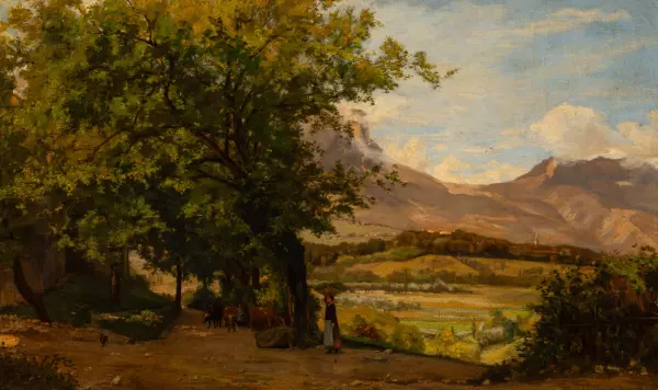 Landschaft mit Kühen und Bäuerin