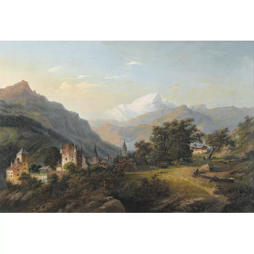 Leonhard Bantli — Gebirgspartie mit Ortschaft und Burg.