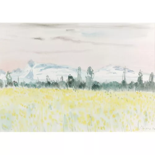 Leonhard Meisser — Sommerlandschaft mit Bergen im Hintergrund.
