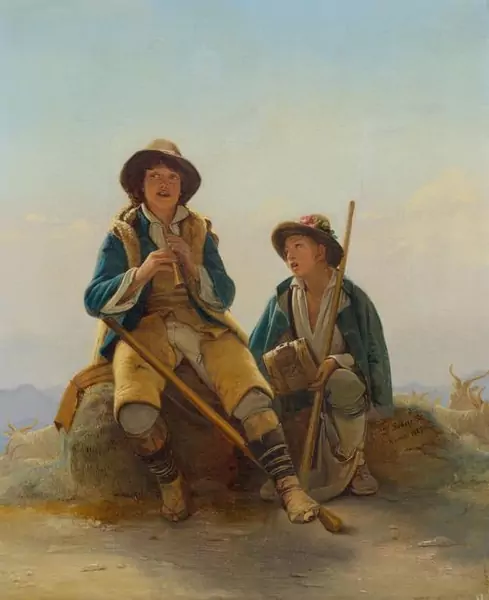 LEOPOLD ROBERT — Two shepherds making music (Deux petits pecorari chantant l'Angelus du matin sur une des sommités de l'Apennin). 1827. — Koller Auktionen