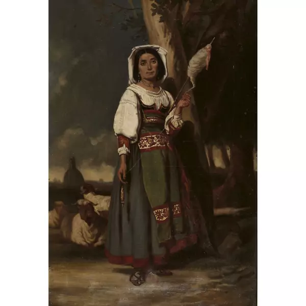 Italienische Trachtenfrau mit Spindel