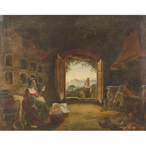 Léopold Robert — Süditalienische Küchenpartie mit spinnender Frau.