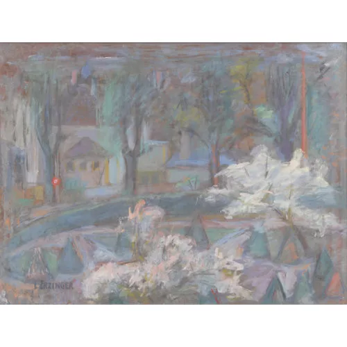 Lili Erzinger — Expressive Landschaftspartie mit Bäumen und Häusern.