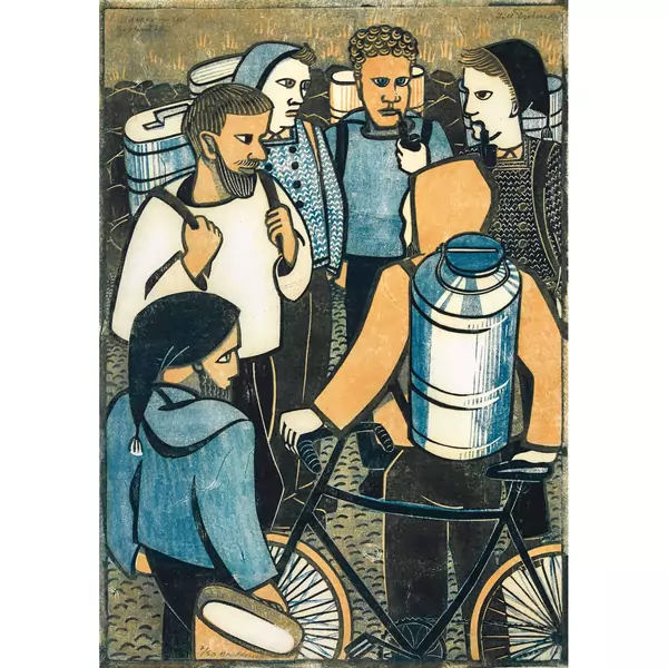 "Bauern im Gespräch" (Farmers with milkcans)