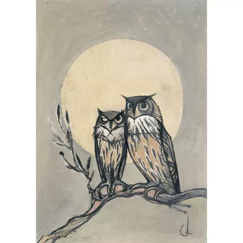 Zwei Eulen bei Vollmond