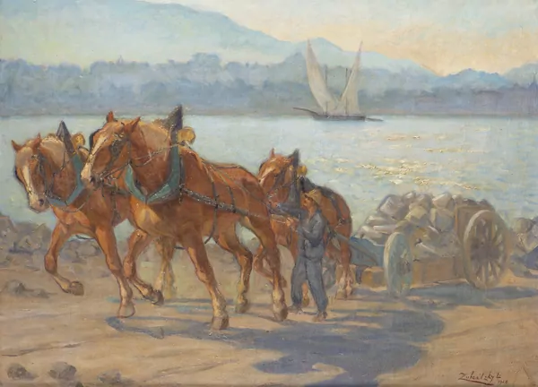 Lorand Zubritzky — "Chevaux de traits au bord du lac"