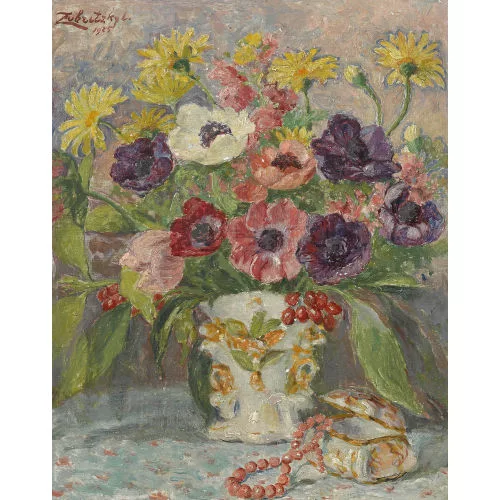 Lorand Zubritzky — Blumenstillleben mit Schmuckkästchen.