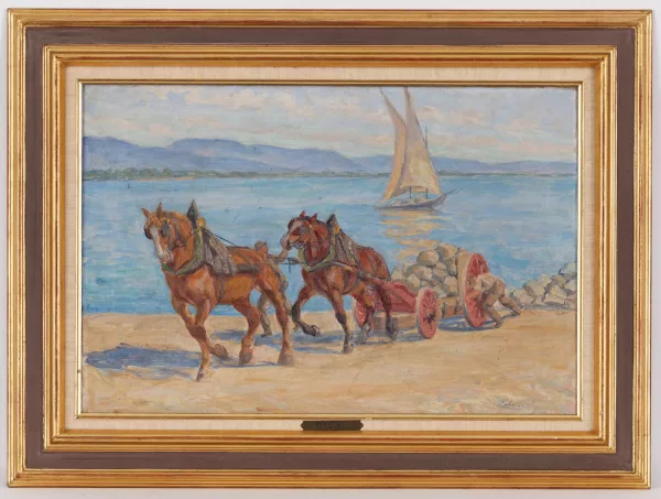 Lorand Zubritzky — Chevaux au travail, bord de lac,