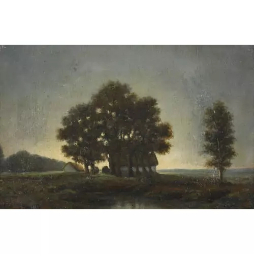 Weite Landschaft mit Gehöft in der Morgendämmerung