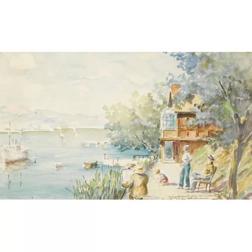 Louis Amédée Baudit — Sonnige Uferpartie mit Selbstbildnis des Künstlers.