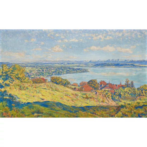 Louis Aubry — Der Neuenburgersee von Hauterive aus mit Berner Alpen.
