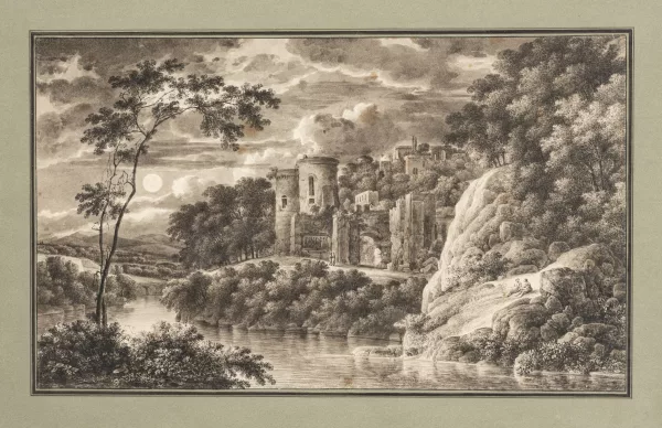 Louis-Auguste Brun — Paysage animé d'une ville au bord de l'eau
