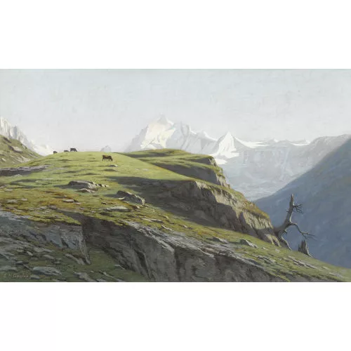 Louis Daniel Edouard Gaulis — Hochgebirgspartie mit Kühen unter blauem Himmel.