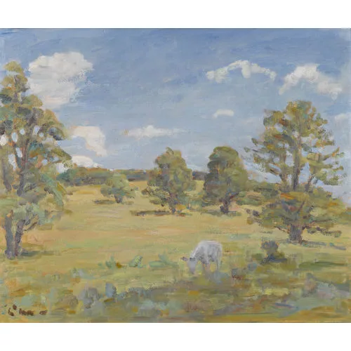 Louis de Meuron — Baumbestandene Ebene unter blauem Himmel.