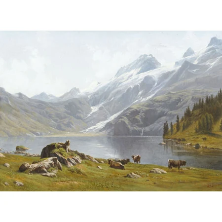 Der Engstlensee mit weidenden Kühen