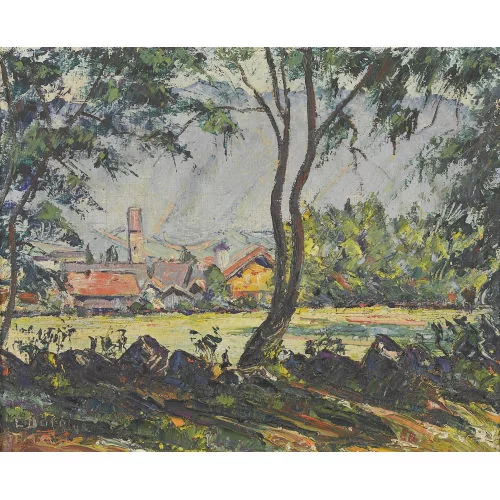 Louis Dürr — Blick auf Unterseen durch Bäume.