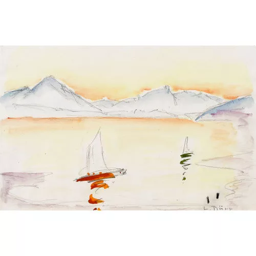 Louis Dürr — Segelboote auf dem Thunersee in der Dämmerung.