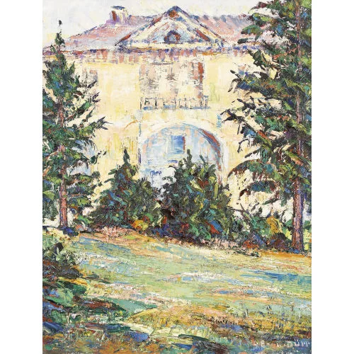 Louis Dürr — Nadelbäume vor barockem Landgut.