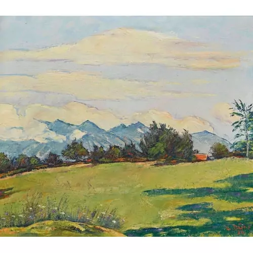 Sonnige Landschaft mit Alpenblick