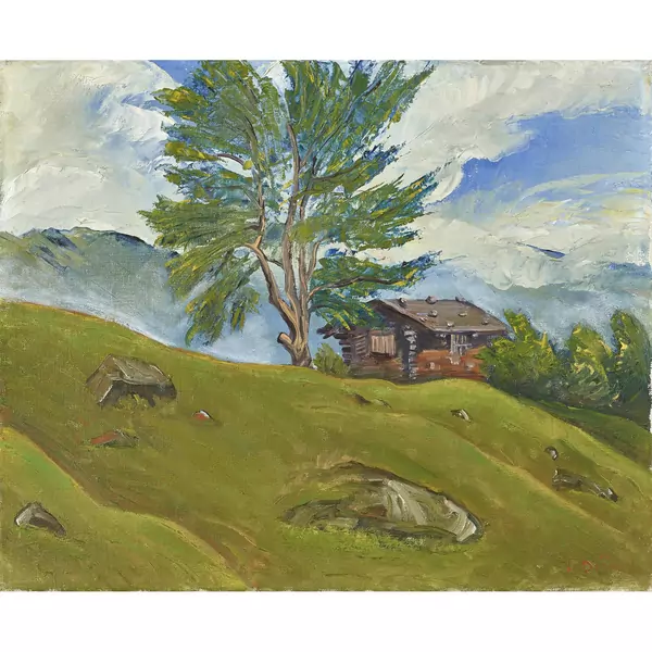 Gebirgspartie mit Chalet und Baum