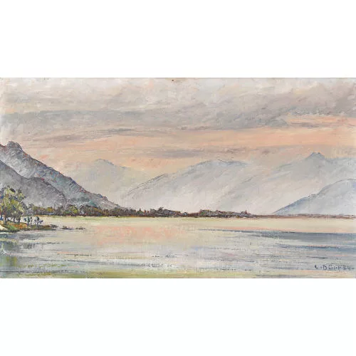 Louis Dürr — Landschaftspartie mit See im Dunst.