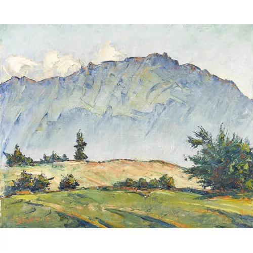 Louis Dürr — Sonnige Gebirgspartie mit Alp und Bergkette.