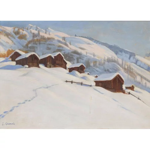 Louis Gianoli — Winterliche Bergpartie mit Stadeln.