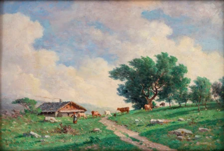 Paysage de campagne animé avec troupeau de vaches