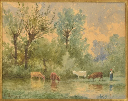 Vaches et bergère à l'étang
