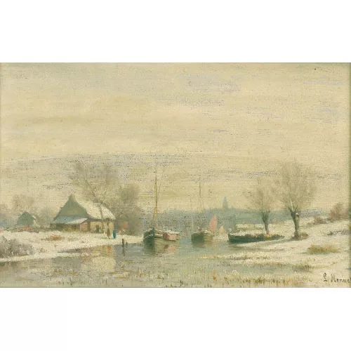 Louis Mennet — Winterliche Flussuferpartie mit Booten.