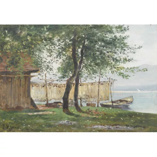 Louis Mennet — Sommerliche Seeuferpartie mit Hütte und Boot.