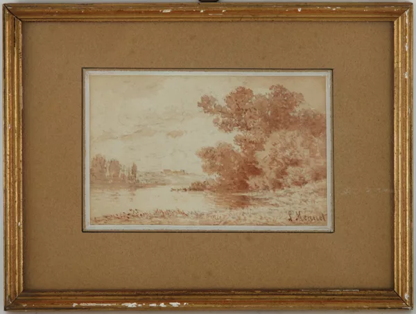 Louis Mennet — Louis Mennet (1829-1875), \Paysage lacustre\, lavis