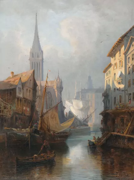 Stimmungsvolle Stadtansicht mit Segelbooten auf einem Kanal