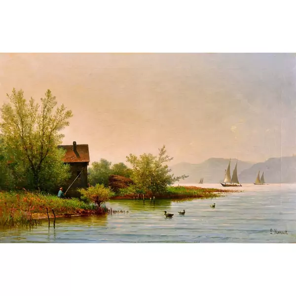 Sommerliche Uferpartie am Genfersee mit Angler