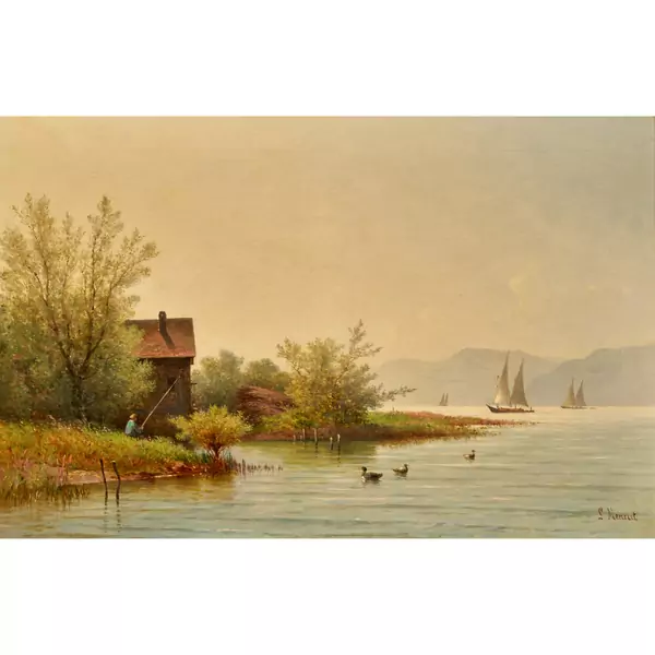 Uferpartie am Genfersee mit Enten und Angler