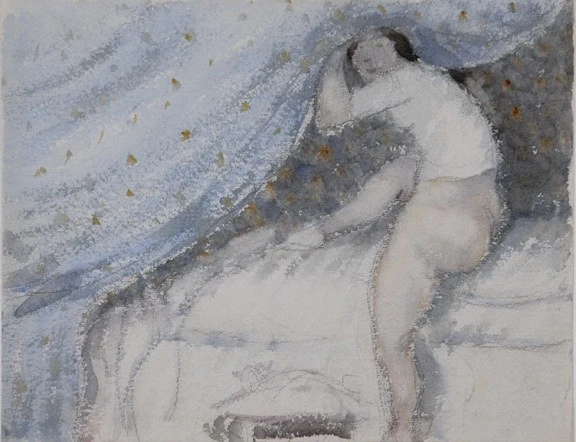 Louis Moilliet — Vorhang, Bett und halbbekleidetes Mädchen, 1909